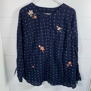CJ Banks Plus Sz 2XL Top Navy Blue Swiss Dot Floral Embroidery Button Down EUC‎